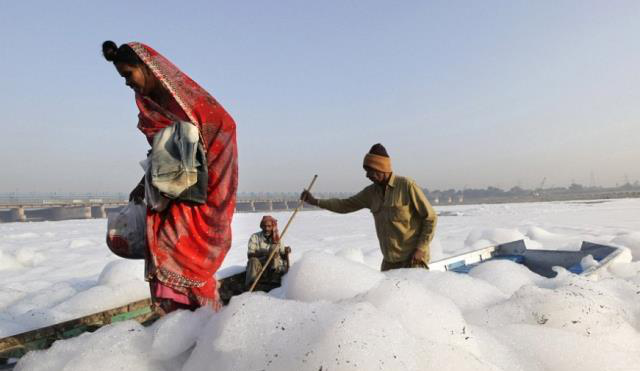 The Yamuna which was occupied by the foam.
